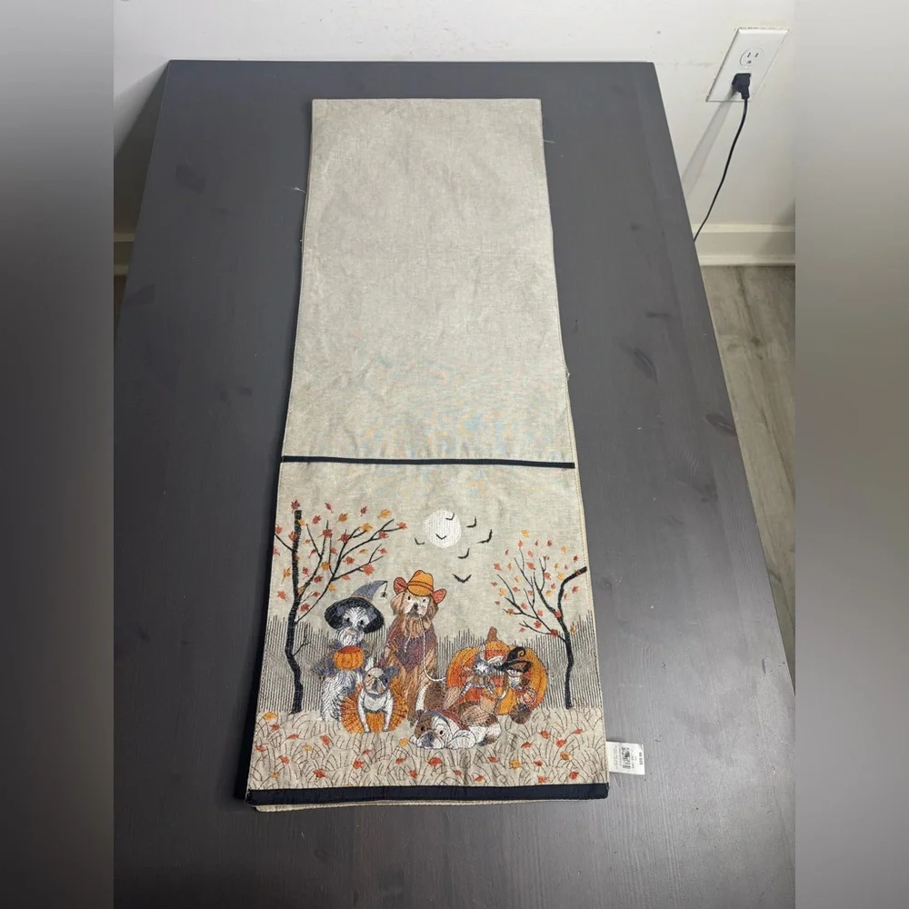 Pier 1 One Fall Halloween Embroidered Dogs & Cats In Costumes Table Runner